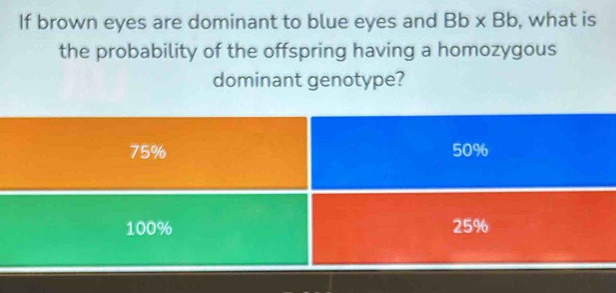 If brown eyes are dominant to blue eyes and Bb* Bb , what is
the probability of the offspring having a homozygous
dominant genotype?
75% 50%
100% 25%