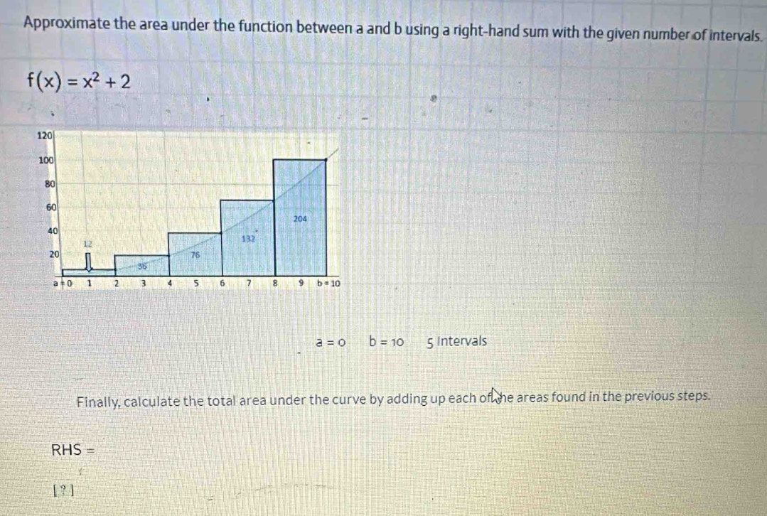 Approximate the area under the function between a and b using a right-hand sum with the given number of intervals.
f(x)=x^2+2
120
100
80
60
204
40
12
132
20
76
36
a = 0 1 2 3 4 5 6 7 8 9 b=10
a=0 b=10 5 Intervals 
Finally, calculate the total area under the curve by adding up each of he areas found in the previous steps.
RHS=
[?]