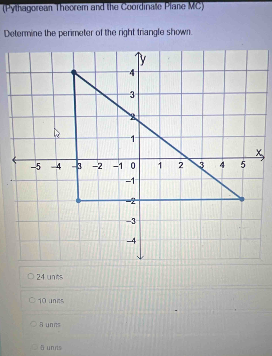 (Pythagorean Theorem and the Coordinate Plane MC)
Determine the perimeter of the right triangle shown.
24 units
10 units
8 units
6 units