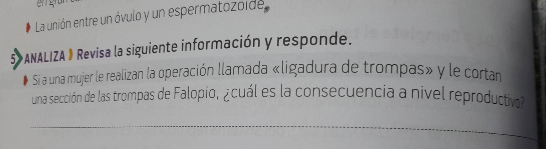 La unión entre un óvulo y un espermatozoide 
5 ANALIZA 》 Revisa la siguiente información y responde. 
Si a una mujer le realizan la operación llamada «ligadura de trompas» y le cortan 
una sección de las trompas de Falopio, ¿cuál es la consecuencia a nivel reproductivo 
_