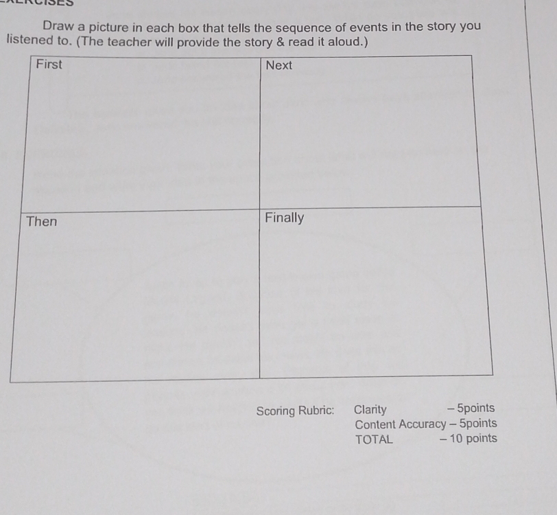 Draw a picture in each box that tells the sequence of events in the story you 
listened to. (The teacher will provide the story & read it aloud.) 
Scoring Rubric: Clarity - 5points 
Content Accuracy - 5points 
TOTAL - 10 points