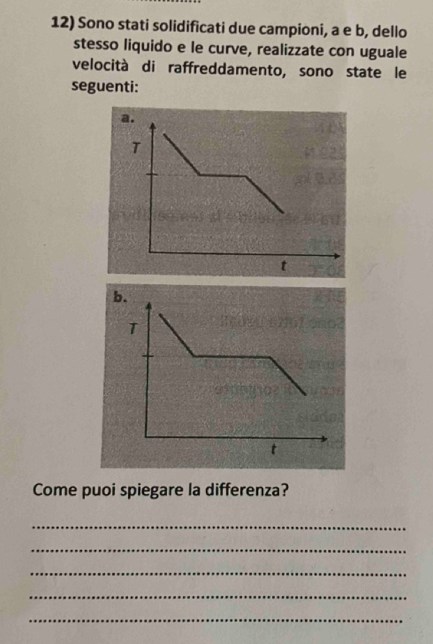 Sono stati solidificati due campioni, a e b, dello 
stesso liquido e le curve, realizzate con uguale 
velocità di raffreddamento, sono state le 
seguenti: 
b. 
Come puoi spiegare la differenza? 
_ 
_ 
_ 
_ 
_