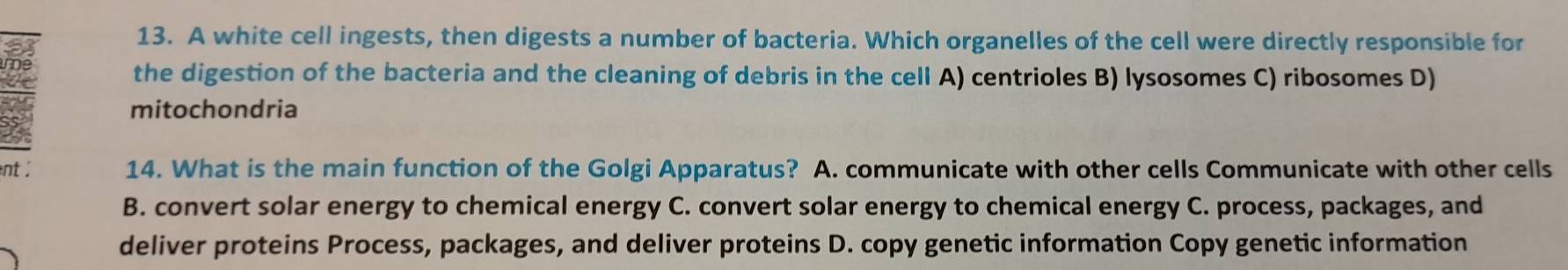 A white cell ingests, then digests a number of bacteria. Which organelles of the cell were directly responsible for
the digestion of the bacteria and the cleaning of debris in the cell A) centrioles B) lysosomes C) ribosomes D)
mitochondria
ent : 14. What is the main function of the Golgi Apparatus? A. communicate with other cells Communicate with other cells
B. convert solar energy to chemical energy C. convert solar energy to chemical energy C. process, packages, and
deliver proteins Process, packages, and deliver proteins D. copy genetic information Copy genetic information