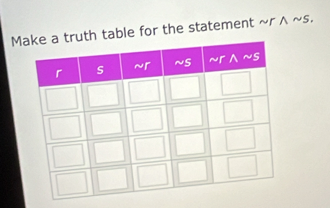 Mth table for the statement ~r ∧ ~s.