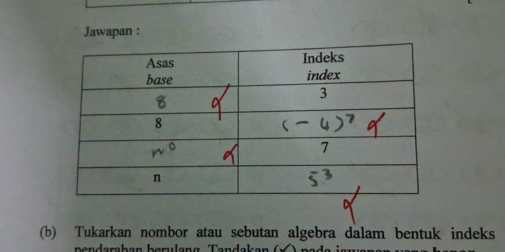 Jawapan : 
(b) Tukarkan nombor atau sebutan algebra dalam bentuk indeks