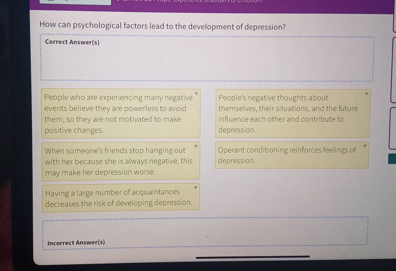 How can psychological factors lead to the development of depression?
Correct Answer(s)
People who are experiencing many negative People’s negative thoughts about
events believe they are powerless to avoid themselves, their situations, and the future
them, so they are not motivated to make influence each other and contribute to
positive changes. depression.
When someone’s friends stop hanging out Operant conditioning reinforces feelings of *
with her because she is always negative, this depression.
may make her depression worse.
Having a large number of acquaintances *
decreases the risk of developing depression.
Incorrect Answer(s)