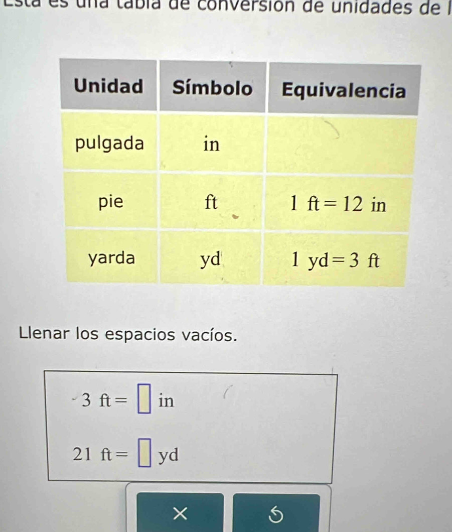 Esta es una tabía de conversión de unidades de I
Llenar los espacios vacíos.
3ft=□ in
21ft=□ yd
×