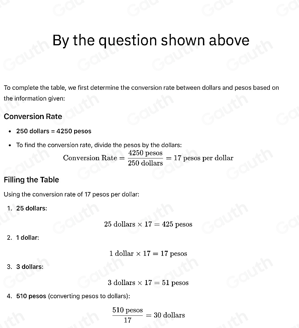 Solved: Dhruv's family exchanged 250 dollars for 4,250 pesos. Complete ...