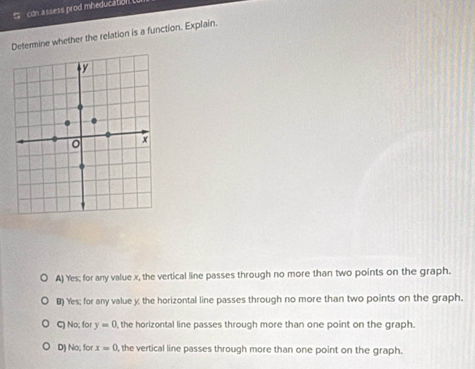 cdn assess prod mheducation 
Determine whether the relation is a function. Explain.
A) Yes; for any value x, the vertical line passes through no more than two points on the graph.
B) Yes; for any value y the horizontal line passes through no more than two points on the graph.
C) No; for y=0 , the horizontal line passes through more than one point on the graph.
D) No; for x=0 , the vertical line passes through more than one point on the graph.