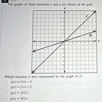 The graphs of linear functions f and g are shown on the grid.
x
Which function is best represented by the graph of g?
g(x)=f(x)-4
g(x)=f(x)-2
g(x)= 1/3 f(x)
g(x)=3f(x)