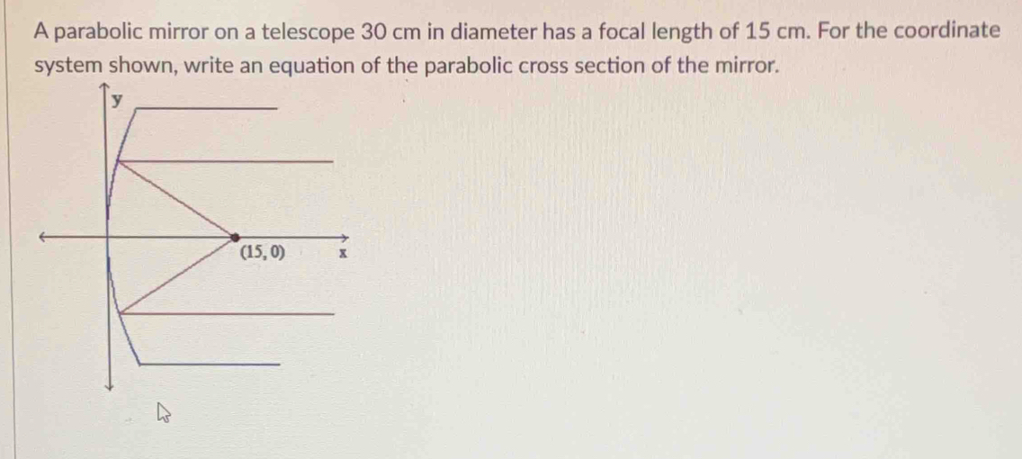 A parabolic mirror on a telescope 30 cm in diameter has a focal length of 15 cm. For the coordinate
system shown, write an equation of the parabolic cross section of the mirror.