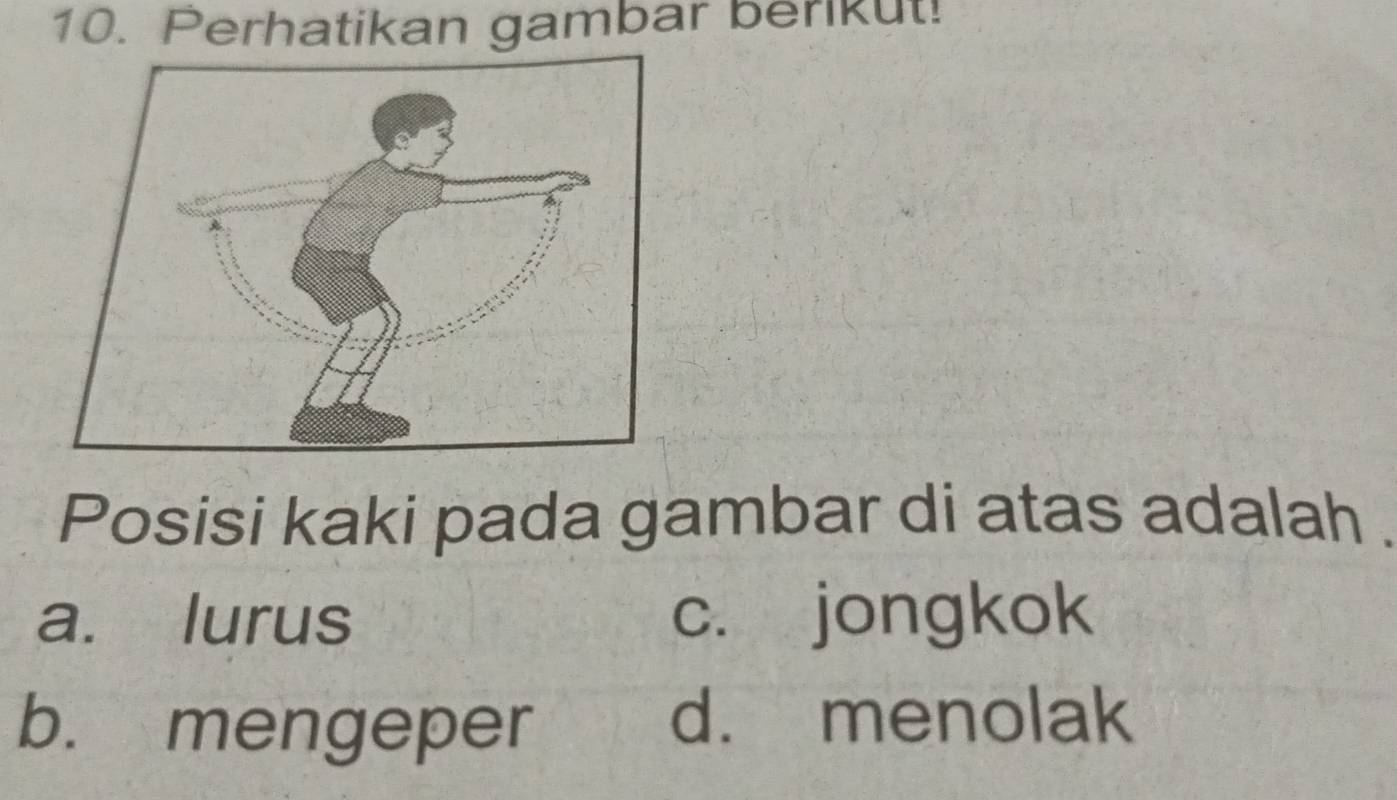 Perhatikan gambar berikut!
Posisi kaki pada gambar di atas adalah .
a. lurus c. jongkok
b. mengeper
d. menolak