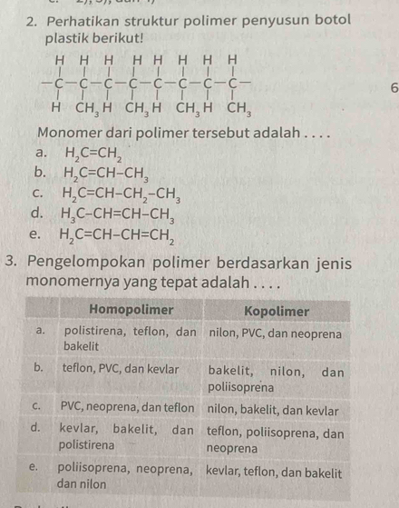 Perhatikan struktur polimer penyusun botol
plastik berikut!
6
Monomer dari polimer tersebut adalah . . . .
a. H_2C=CH_2
b. H_2C=CH-CH_3
C. H_2C=CH-CH_2-CH_3
d. H_3C-CH=CH-CH_3
e. H_2C=CH-CH=CH_2
3. Pengelompokan polimer berdasarkan jenis
monomernya yang tepat adalah . . . .