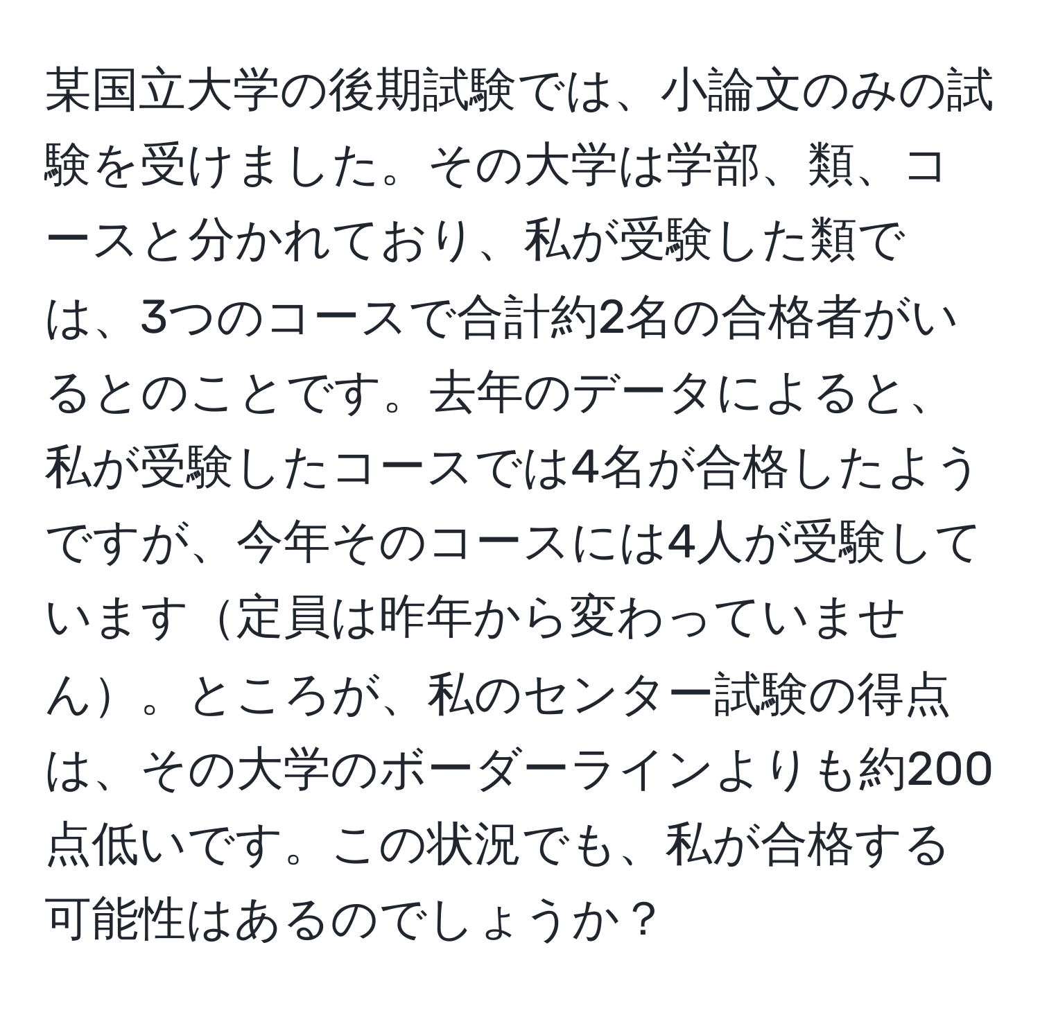 某国立大学の後期試験では、小論文のみの試験を受けました。その大学は学部、類、コースと分かれており、私が受験した類では、3つのコースで合計約2名の合格者がいるとのことです。去年のデータによると、私が受験したコースでは4名が合格したようですが、今年そのコースには4人が受験しています定員は昨年から変わっていません。ところが、私のセンター試験の得点は、その大学のボーダーラインよりも約200点低いです。この状況でも、私が合格する可能性はあるのでしょうか？