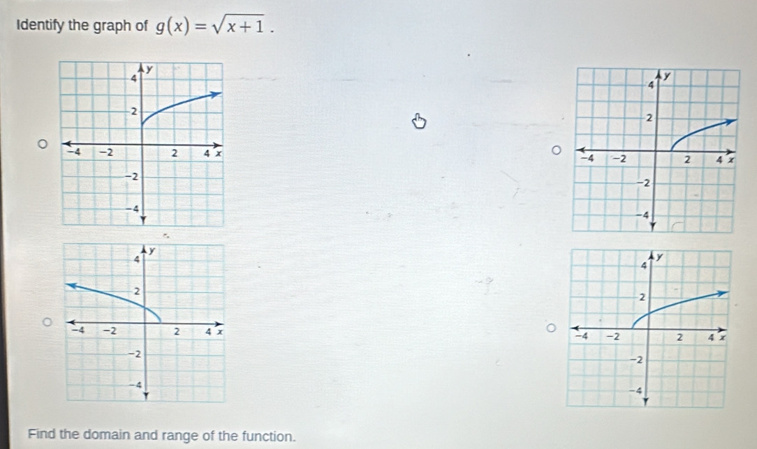 Identify the graph of g(x)=sqrt(x+1). 


Find the domain and range of the function.