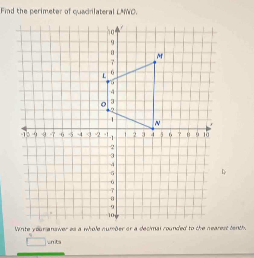 Find the perimeter of quadrilateral LMNO. 
units