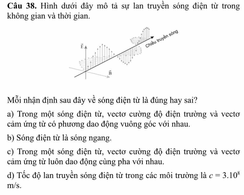 Hình dưới đây mô tả sự lan truyền sóng điện từ trong
không gian và thời gian.
É
Chiều truyền sóng
vector B
Mỗi nhận định sau đây về sóng điện từ là đúng hay sai?
a) Trong một sóng điện từ, vectơ cường độ điện trường và vectơ
cảm ứng từ có phương dao động vuông góc với nhau.
b) Sóng điện từ là sóng ngang.
c) Trong một sóng điện từ, vectơ cường độ điện trường và vectơ
cảm ứng từ luôn dao động cùng pha với nhau.
d) Tốc độ lan truyền sóng điện từ trong các môi trường là c=3.10^8
m/s.