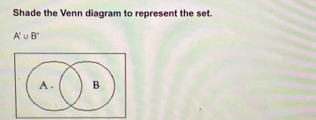 Shade the Venn diagram to represent the set.
A'∪ B'