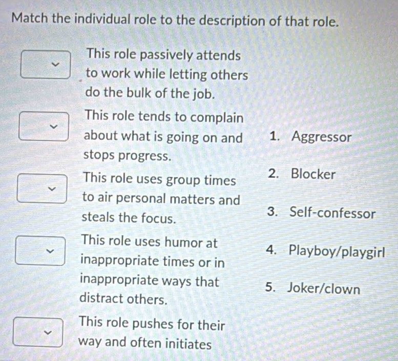 Match the individual role to the description of that role.
This role passively attends
to work while letting others
do the bulk of the job.
This role tends to complain
about what is going on and 1. Aggressor
stops progress.
This role uses group times 2. Blocker
to air personal matters and
steals the focus.
3. Self-confessor
This role uses humor at 4. Playboy/playgirl
inappropriate times or in
inappropriate ways that 5. Joker/clown
distract others.
This role pushes for their
way and often initiates