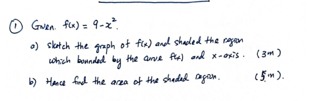 ① Gven. f(x)=9-x^2. 
a) slatch the graph of f(x) and shaded the ragion 
which bounded by the curve f(x) and x-axis. (3m) 
b) tence find the area of the shaded region. (5m.