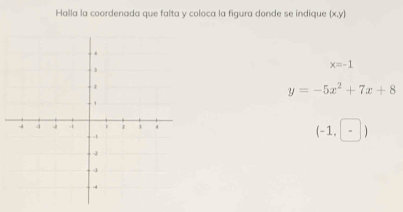 Halla la coordenada que falta y coloca la figura donde se indique (x,y)
x=-1
y=-5x^2+7x+8
(-1,-)