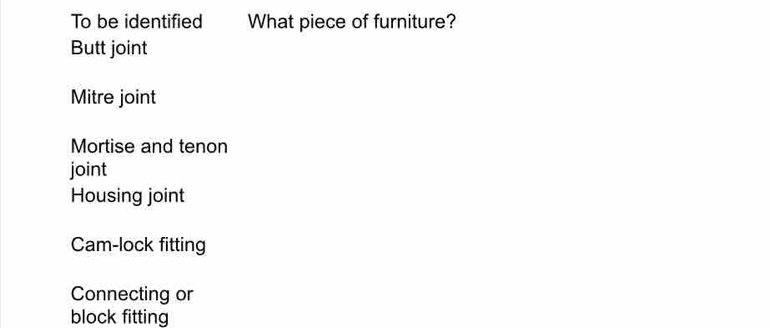 To be identified What piece of furniture?
Butt joint
Mitre joint
Mortise and tenon
joint
Housing joint
Cam-lock fitting
Connecting or
block fitting