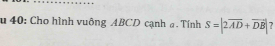 40: Cho hình vuông ABCD cạnh a. Tính S=|2overline AD+overline DB| ?