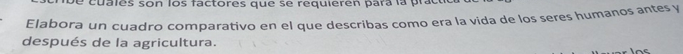 ve cuales son los factores que se requieren pará la pra 
Elabora un cuadro comparativo en el que describas como era la vida de los seres humanos antes y 
después de la agricultura.