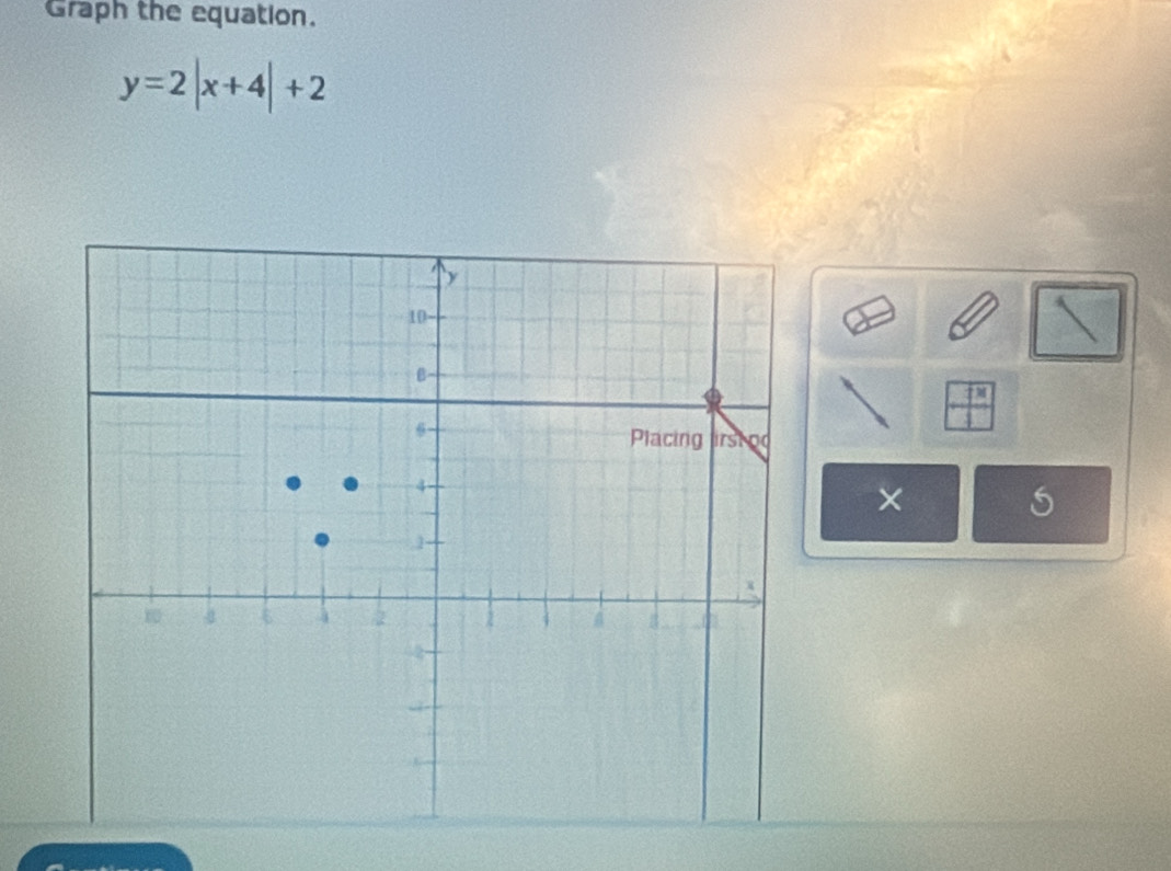 Graph the equation.
y=2|x+4|+2
 7^x/1 
×