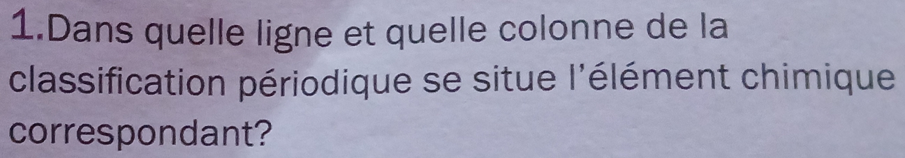 Dans quelle ligne et quelle colonne de la 
classification périodique se situe l'élément chimique 
correspondant?