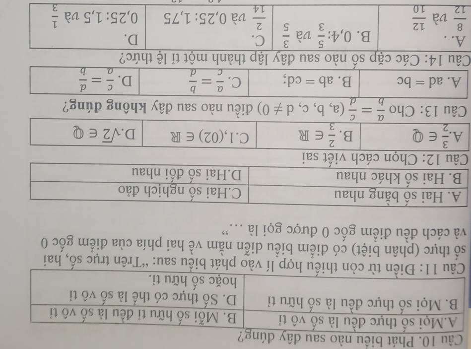 Phát biêu nào sau đâ
n thiếu hợp lí vào phát biểu sau: “Trên trục số, hai
số thực (phân biệt) có điểm biểu diễn nằm về hai phía của điểm gốc 0
và cách đều điểm gốc 0 được gọi là ..'
A  3/2 ∈ Q
B.  2/3 ∈ R
C. 1,(02)∈ R D. sqrt(2)∈ Q
Câu 13: Cho  a/b = c/d (a,b,c,d!= 0) điều nào sau đây không đúng?
A. ad=bc B. ab=cd; C.  a/c = b/d  D. _  c/a = d/b 
Câu 14: Các cặp số nào sau đây lập thành một tỉ lệ thức?
