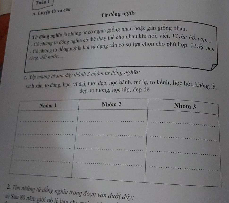 Tuân 1 
A. Luyện từ và câu 
Từ đồng nghĩa 
Từ đồng nghĩa là những từ có nghĩa giống nhau hoặc gần giống nhau. 
Có những từ đồng nghĩa có thể thay thế cho nhau khi nói, viết. Vi dụ: hổ, cọp,... 
- Có những tử đồng nghĩa khi sử dụng cần có sự lựa chọn cho phù hợp. Ví dụ: non 
sông, đất nước, ... 
X. Xếp những từ sau đây thành 3 nhóm từ đồng nghĩa: 
xinh xan, to đùng, học, vĩ đại, tươi đẹp, học hành, mĩ lệ, to kềnh, học hỏi, khổng lồ, 
đẹp, to tướng, học tập, đẹp đẽ 
nghĩa trong đoạn văn dưới đây: 
a) Sau 80 năm giời nô lệ làm ch