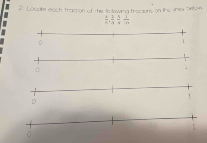 Locate each fraction of the following fractions on the lines below.
 4/5 ,  2/8 ,  3/6 ,  1/10 