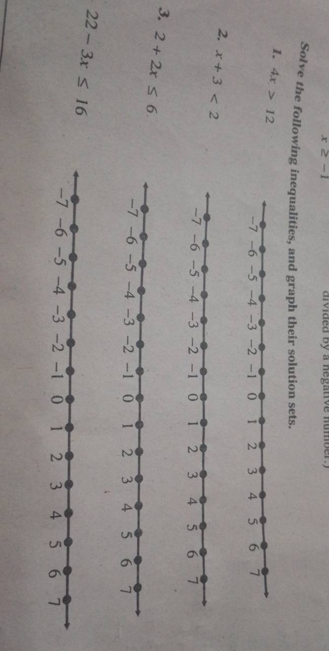 x≥ -1 divided by a negative number.) 
Solve the following inequalities, and graph their solution sets. 
1. 4x>12
2. x+3<2</tex> 
3. 2+2x≤ 6.
22-3x≤ 16