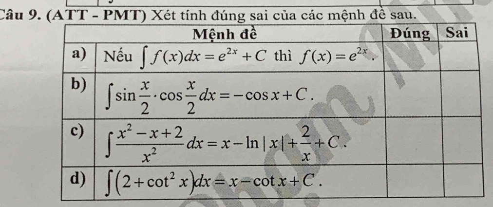 (ATT - PMT) Xét tính đúng sai của các mệnh đề sau.