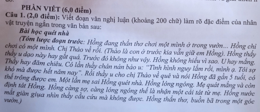 PHÀN VIÉT (6, 0 điểm) 
Câu 1. (2,0 điểm): Viết đoạn văn nghị luận (khoảng 200 chữ) làm rõ đặc điểm của nhân 
vật truyện ngắn trong văn bản sau: 
Bài học quét nhà 
(Tóm lược đoạn trước: Hồng đang thần thơ chơi một mình ở trong vườn... Hồng chỉ 
chợi có một mình. Chị Thảo về rồi. (Thảo là con ở trước kia vẫn giữ em Hồng). Hồng thấy 
thầy u dạo này hay gắt quá. Trước đó không như vậy. Hồng không hiểu vì sao. U hay mắng. 
Thầy hay đăm chiêu. Có lần thầy chán nản bảo u: “Tình hình nguy lắm rồi, mình ạ. Tội sợ 
khó mà được hết năm nay''. Rồi thầy u cho chị Thảo về quê và nói Hồng đã gần 5 tuổi, có 
thể trông được em. Một lần mẹ sai Hồng quét nhà. Hồng lóng ngóng. Mẹ quát mắng và còn 
định tát Hồng. Hồng càng sợ, càng lóng ngóng thế là nhận một cái tát từ mẹ. Hồng nước 
mắt giàn giụa nhìn thầy cầu cứu mà không được. Hồng thần thơ, buồn bã trong một góc 
vườn.)