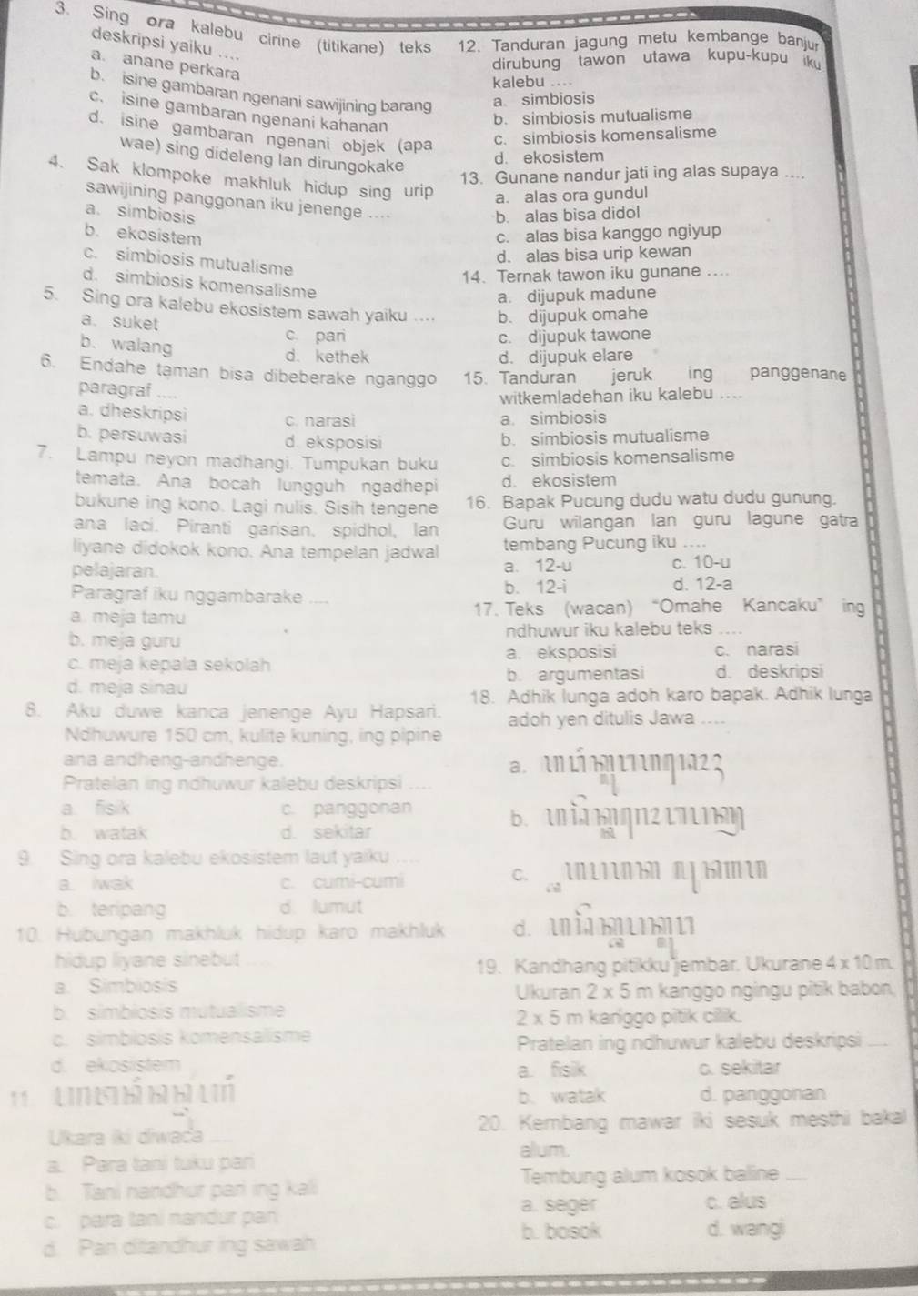 Sing ora kalebu cirine (titikane) teks 12. Tanduran jagung metu kembange banju
deskripsi yaiku ....
a. anane perkara
dirubung tawon utawa kupu-kupu iku
kalebu
b. isine gambaran ngenani sawijining barang
a simbiosis
c. isine gambaran ngenani kahanan
b. simbiosis mutualisme
d. isine gambaran ngenani objek (apa
c. simbiosis komensalisme
wae) sing dideleng lan dirungokake
d. ekosistem
13. Gunane nandur jati ing alas supaya ....
4. Sak klompoke makhluk hidup sing urip a. alas ora gundul
sawijining panggonan iku jenenge ....
a. simbiosis b. alas bisa didol
b. ekosistem c. alas bisa kanggo ngiyup
d. alas bisa urip kewan
c. simbiosis mutualisme
14. Ternak tawon iku gunane ...
d. simbiosis komensalisme
a. dijupuk madune
5. Sing ora kalebu ekosistem sawah yaiku ... b. dijupuk omahe
a. suket
c. pari c. dijupuk tawone
b. walang
d. kethek d. dijupuk elare
6. Endahe taman bisa dibeberake nganggo 15. Tanduran jeruk  ing pänggenane
paragraf
witkemladehan iku kalebu ...
a. dheskripsi c. narasi a. simbiosis
b. persuwasi d. eksposisi
b. simbiosis mutualisme
7. Lampu neyon madhangi. Tumpukan buku c. simbiosis komensalisme
temata. Ana bocah lungguh ngadhepi d. ekosistem
bukune ing kono. Lagi nulis. Sisih tengene 16. Bapak Pucung dudu watu dudu gunung.
ana laci. Piranti garisan, spidhol, Ian Guru wilangan lan guru lagune gatra
liyane didokok kono. Ana tempelan jadwal tembang Pucung iku ....
pelajaran. a. 12-u C. 10-u
Paragraf iku nggambarake b. 12-i
d. 12-a
a. meja tamu 17. Teks (wacan) “Omahe Kancaku” ing
b. meja guru ndhuwur iku kalebu teks
a. eksposisi
c. meja kepala sekolah c. narasi
d. meja sinau b. argumentasi d. deskripsi
18. Adhik lunga adoh karo bapak. Adhik lunga
8. Aku duwe kanca jenenge Ayu Hapsari. adoh yen ditulis Jawa
Ndhuwure 150 cm, kulite kuning, ing pipine
ana andheng-andhenge.
a. U L N LNg 1022
Pratelan ing ndhuwur kalebu deskripsi
a. fisik c. panggonan B  Đ  ọn2 L7Đη
b. watak d. sekitar
9. Sing ora kalebu ekosistem laut yaiku
a. iwak c. cumi-cumi C.  N N  L
b. teripang d lumut
10. Hubungan makhluk hidup karo makhluk d.  An i      
hidup liyane sinebut 
19. Kandhang pitikku jembar. Ukurane 4* 10m
a. Simbiosis Ukuran 2* 5 m kanggo ngingu pitik babon,
b. simbiosis mutualisme m kaníggo pitik cilik.
2* 5
c. simbilosis komensalisme
Pratelan ing ndhuwur kalebu deskripsi
d. ekosistem a. fisik o. sekitar
11   U e ó b h ló b. watak d. panggonan
Ukara iki diwača 20. Kembang mawar iki sesuk mesthi bakal
alum.
a. Para tani tuku pari
b. Tani nandhur pari ing kali Tembung alum kosok baline
a. seger c. alus
c. para tani nandur pan
b. bosok d. wangi
d. Pan ditandhur ing sawah