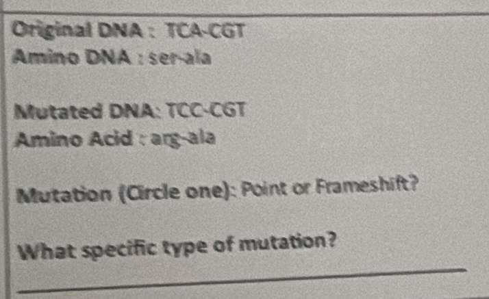 Original DNA : TCA-CGT 
Amino DNA : ser-aïa 
Mutated DNA: TCC-CGT 
Amino Acid : arg-ala 
Mutation (Circle one): Point or Frameshift? 
_ 
What specific type of mutation?