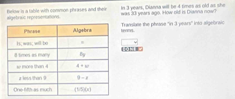 Below is a table with common phrases and their In 3 years, Dianna will be 4 times as old as she
algebraic representations. was 33 years ago. How old is Dianna now?
Translate the phrase 'in 3 years'' into algebraic
terms.
DONE