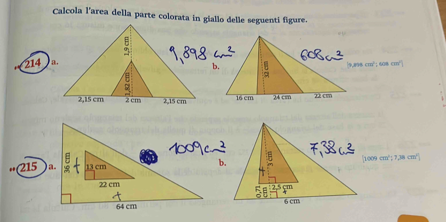 Calcola l’area della parte colorata in giallo delle seguenti figure.
214
b.
[9,898cm^2;608cm^2]
16 cm 24 cm 22 cm
[1009cm^2;7,38cm^2]
215
b.