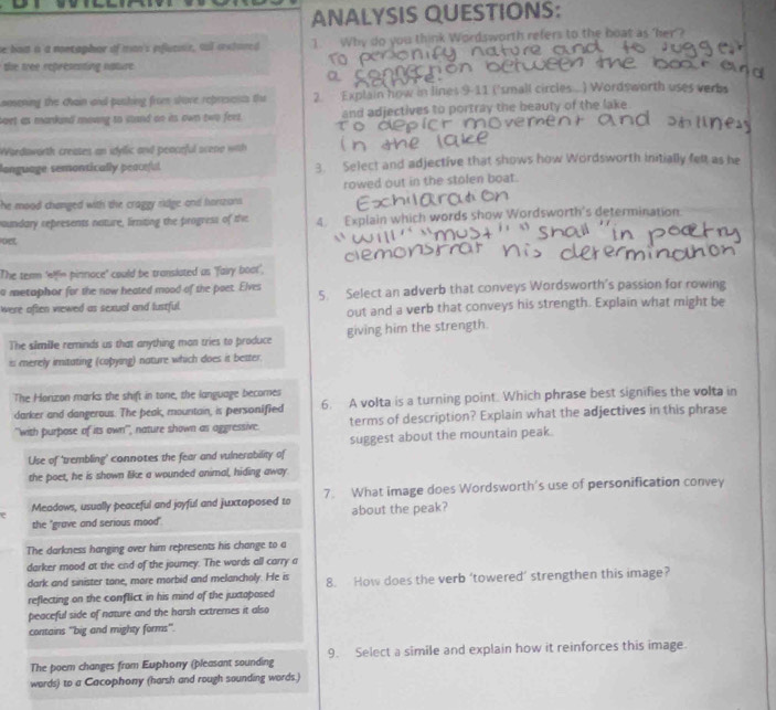 ANALYSIS QUESTIONS:
he buat i a mntaphar of man's eflucsir, all oxtored 1. Why do you think Wordsworth refers to the boat as 'her?
the tree représenting nature 
omening the chain and pushing from shove reprevests the 2 Explain how in lines 9-11 ('small circles... ) Wordsworth uses verbs
sort as mankand movng to stand on its own two feet. and adjectives to portray the beauty of the lake
Wardaworth creates an idyllic and peoneful sceno with
longuage semontically peaceful 3. Select and adjective that shows how Wordsworth initially felt as he
he mood changed with the craggy ridge and honzians. rowed out in the stolen boat.
noundary represents noture, lirniting the progress of the 4. Explain which words show Wordsworth's determination.
oet
The term 'wifin pinnace' could be translated as 'fairy boot'.
a metaphor for the now heated mood of the poet. Elves
were aften viewed as sexual and lustful. 5 Select an adverb that conveys Wordsworth's passion for rowing
out and a verb that conveys his strength. Explain what might be
The simille reminds us that anything man tries to produce giving him the strength.
is merely imitating (coþying) nature which does it better
The Horizon marks the shift in tone, the language becomes
darker and dangerous. The peak, mountain, is personified 6. A volta is a turning point. Which phrase best signifies the volta in
''with purpose of its own'', nature shown as aggressive. terms of description? Explain what the adjectives in this phrase
Use of 'trembling' connotes the fear and vulnerability of suggest about the mountain peak.
the poet, he is shown like a wounded animal, hiding away
Meadows, usually peaceful and joyful and juxtaposed to 7. What image does Wordsworth's use of personification convey
the "grave and serious mood" about the peak?
The darkness hanging over him represents his change to a
darker mood at the end of the jourey. The words all carry a
dark and sinister tone, more morbid and melancholy. He is 8. How does the verb ‘towered’ strengthen this image?
reflecting on the conflict in his mind of the juxtaposed
peaceful side of nature and the harsh extremes it also
contains ''big and mighty forms'.
The poem changes from Euphony (pleasant sounding 9. Select a simile and explain how it reinforces this image.
words) to a Cacophony (harsh and rough sounding words )