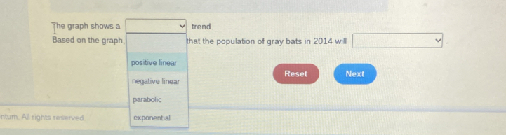 The graph shows a trend.
Based on the graph, that the population of gray bats in 2014 will
positive linear
Reset Next
negative linear
parabolic
ntum. All rights reserved. exponential