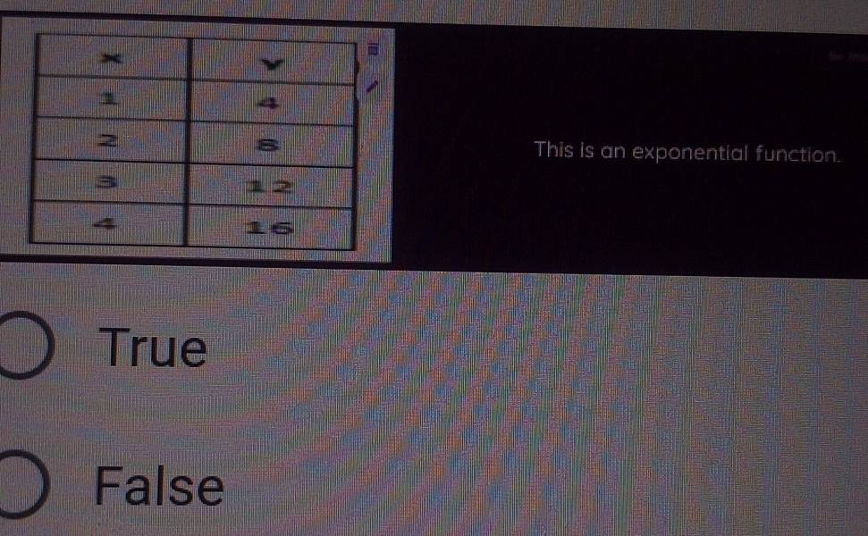 This is an exponential function.
True
False