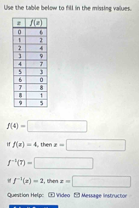 Use the table below to fill in the missing values.
f(4)=□
if f(x)=4 , then x=□
f^(-1)(7)=□
if f^(-1)(x)=2 , then x=□
Question Help： - Video - Message instructor