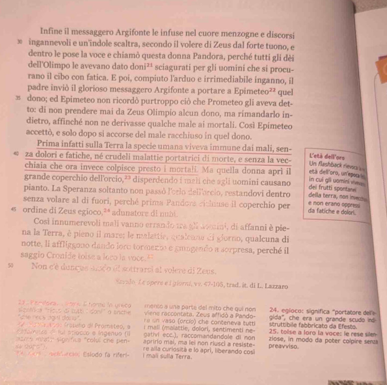 Infine il messaggero Argifonte le infuse nel cuore menzogne e discorsi
⑩ ingannevoli e un'indole scaltra, secondo il volere di Zeus dal forte tuono, e
dentro le pose la voce e chiamò questa donna Pandora, perché tutti gli dèi
dell'Olimpo le avevano dato don j^(21) sciagurati per gli uomini che si procu-
rano il cibo con fatica. E poi, compiuto l'arduo e irrimediabile inganno, il
padre inviò il glorioso messaggero Argifonte a portare a Epimete 0^(22) quel
3 dono; ed Epimeteo non ricordò purtroppo ciò che Prometeo gli aveva det-
to: di non prendere mai da Zeus Olimpio alcun dono, ma rimandarlo in-
dietro, affinché non ne derivasse qualche male ai mortali. Così Epimeteo
accettò, e solo dopo si accorse del male racchiuso in quel dono.
Prima infatti sulla Terra la specie umana viveva immune daí mali, sen-
L'età dell'oro
« za dolori e fatiche, né crudeli malattie portatrici di morte, e senza la vec- Un flashback rievoca 
chiaia che ora invece colpisce presto i mortali. Ma quella donna aprì il età dell'oro, un'epocal
in cui gli uomini wie 
grande coperchio dell'orcio,?? disperdendo i mali che agli uomini causano della terra, non invent
dei frutti spontanei
pianto. La Speranza soltanto non passó l'orlo dellarcio, restandovi dentro e non erano oppressi
senza volare al di fuori, perché prima Pandora richnuse il coperchio per da fatiche e dolori.
€ ordine di Zeus egioco,²ª adunatore di nubi.
Così innumerevoli mali vanno errando tra gli womini, di affanni è pie-
na la Terra, è pieno il mare; le malattie, qualeana él giorno, qualcuna di
notte, li affliggono dando loro tormant e gungendo a sorpresa, perché il
saggio Cronide toise a loro la voce.”
5Non c'ê dungue modo el sottrarai al volere di Zeus.
Sevado, Le ópere e i giorni, vv. 47-105, trad. it. di L. Lazzaro
22 . Pendora,  Pore P tome in greco mento a una parte del mito che qui non 24. egioco: significa “portatore deile
Sontíica 'rícss di cutti 'doni" o snche viene raccontata. Zeus affidò a Pando- gida", che era un grande scudo ind
"che recs aght đono". ra un vaso (orcío) che conteneva tutti struttibile fabbricato da Efesto.
7 Pomntróo fróseño di Prometeo, a i mali (malattie, dolori, sentimenti ne- 25. tolse a loro la voce: le rese sile
tono é fui ariocco e Ingenuo (II gativi ecc.), raccomandandole di non ziose, in modo da poter colpire senz
maie matí significa "colul cne pen- apririo mai, ma lei non riusci a resiste- preavviso.
re alla curiosità e lo aprí, liberando cos
e  s e lóncio: Eslodo fa riferl- I mali sulla Terra.