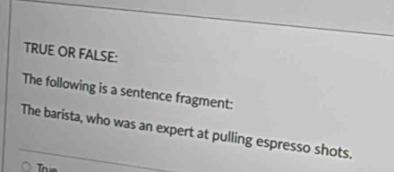 TRUE OR FALSE: 
The following is a sentence fragment: 
The barista, who was an expert at pulling espresso shots. 
Toue