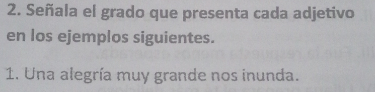 Señala el grado que presenta cada adjetivo 
en los ejemplos siguientes. 
1. Una alegría muy grande nos inunda.