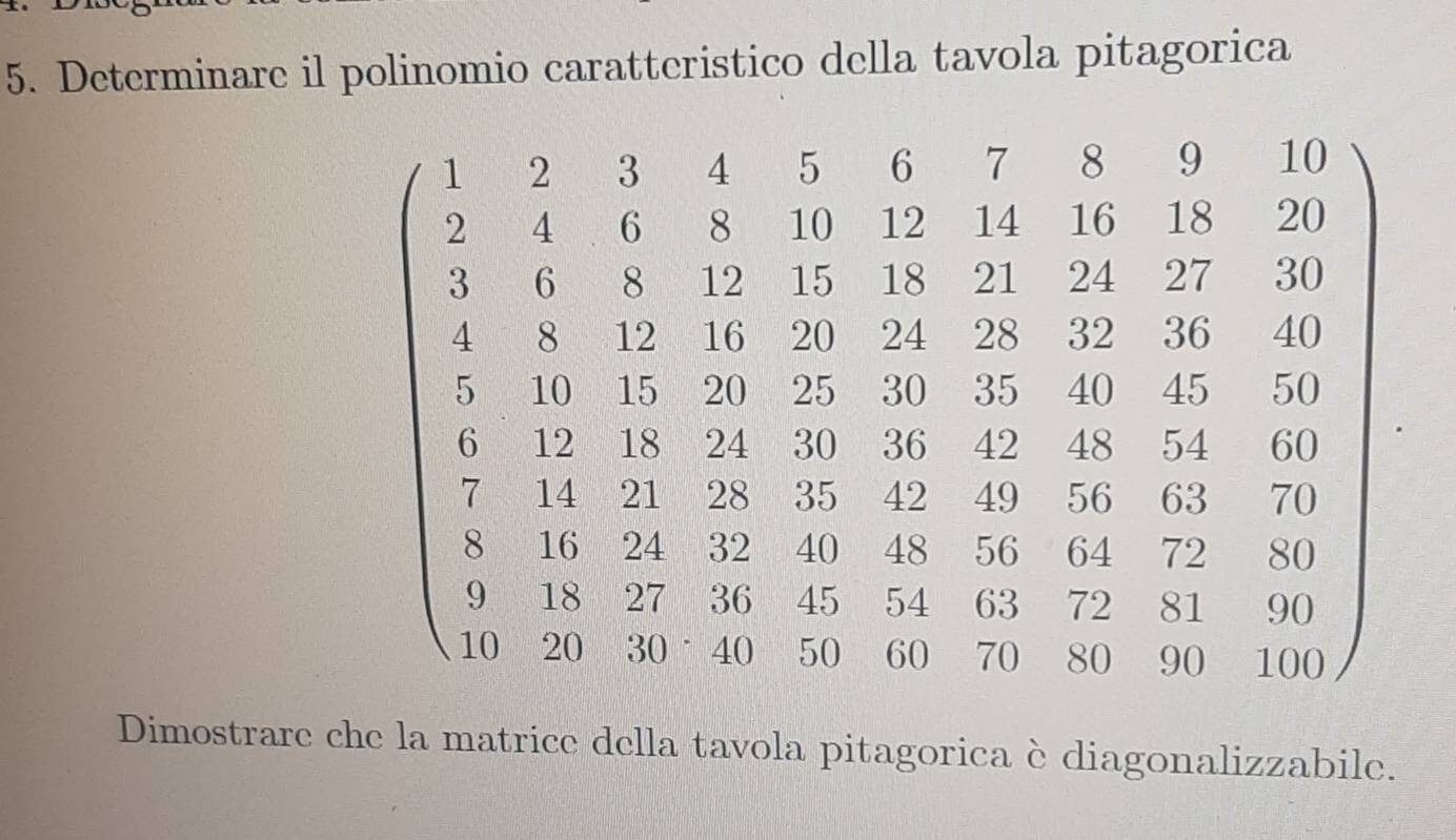 Determinare il polinomio caratteristico della tavola pitagorica
2 3 4 5 6 7 8 9 10
2 4 6 8 10 12 14 16 18 20
3 6 8 12 15 18 21 24 27 30
4 8 12 16 20 24 28 32 36 40
5 10 15 20 25 30 35 40 45 50
6 12 18 24 30 36 42 48 54 60
7 14 21 ₹28 35 42 49 56 63 70
8 16 24 32 40 48 56 64 72 80
9 18 27 36 45 54 63 72 81 90
10 20 30° 40 50 60 70 80 90 100
Dimostrare che la matrice della tavola pitagorica è diagonalizzabile.