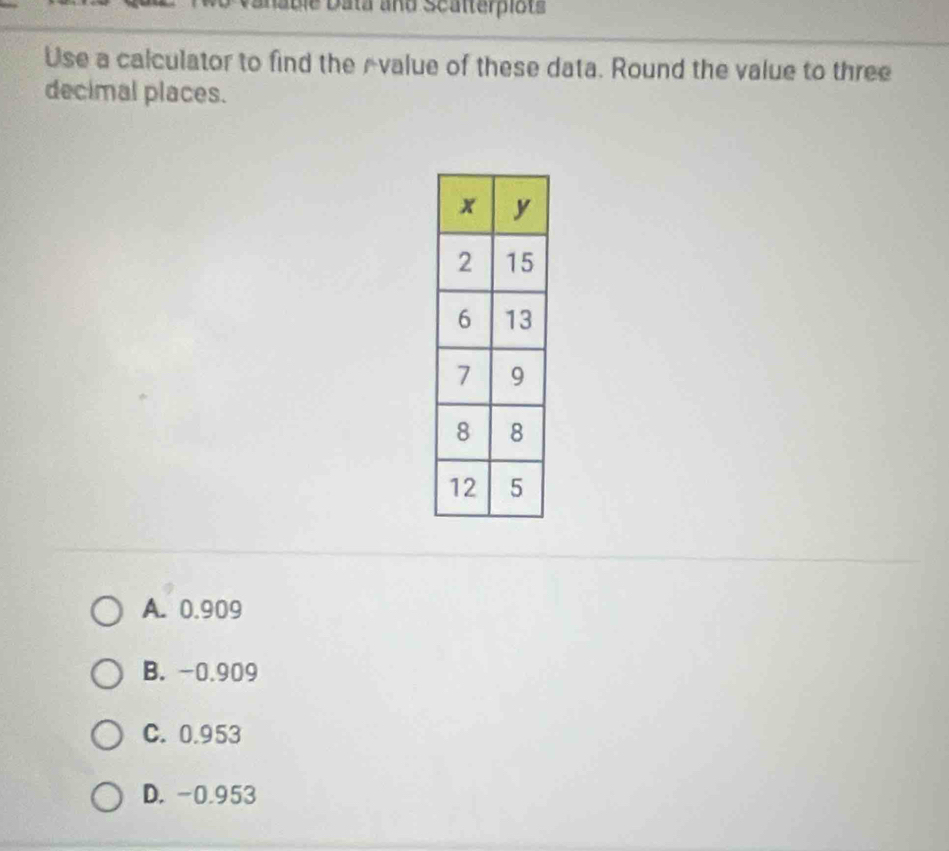 Dable Data and Scalterpiots
Use a calculator to find the Avalue of these data. Round the value to three
decimal places.
A. 0.909
B. -0.909
C. 0.953
D. -0.953