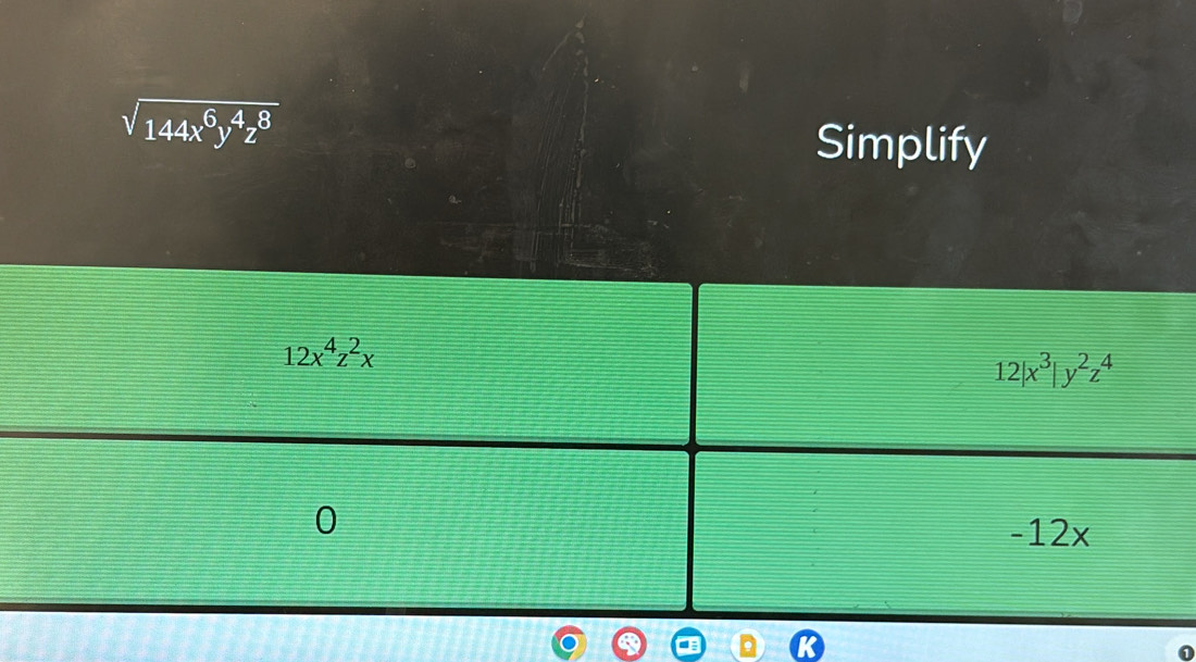 sqrt(144x^6y^4z^8)
Simplify